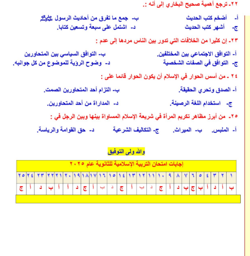 امتحانات دين واجاباتها3 امتحانات دين واجاباتها3